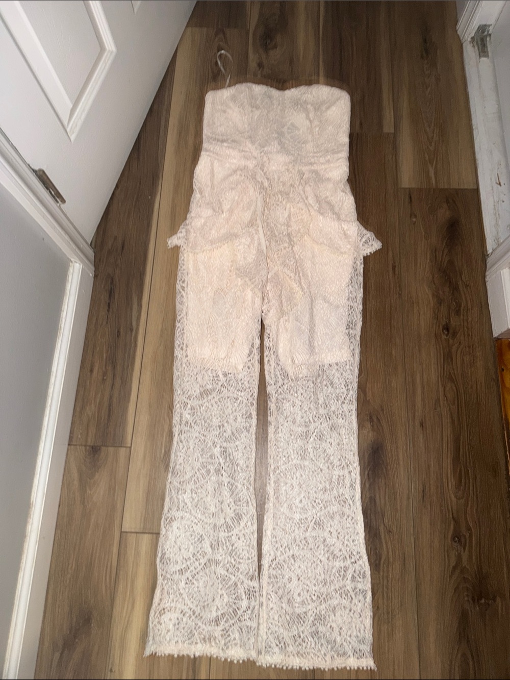 Strapless Lace Wide-Leg Jumpsuit in Light Pink